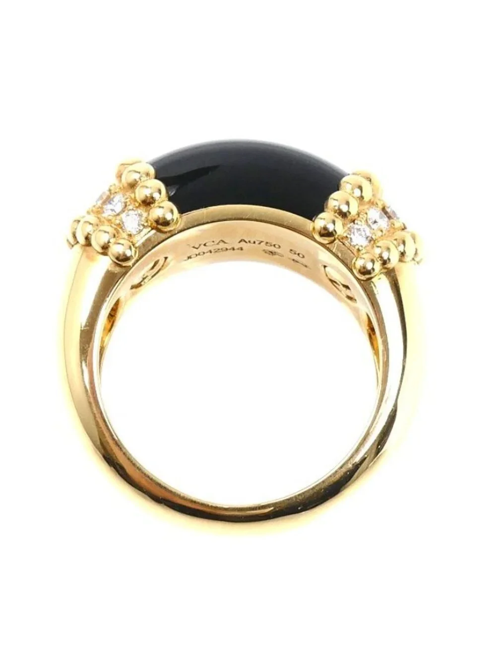 Van Cleef & Arpels 18K Yellow Gold Perlee Coule Ring Diamond Onyx